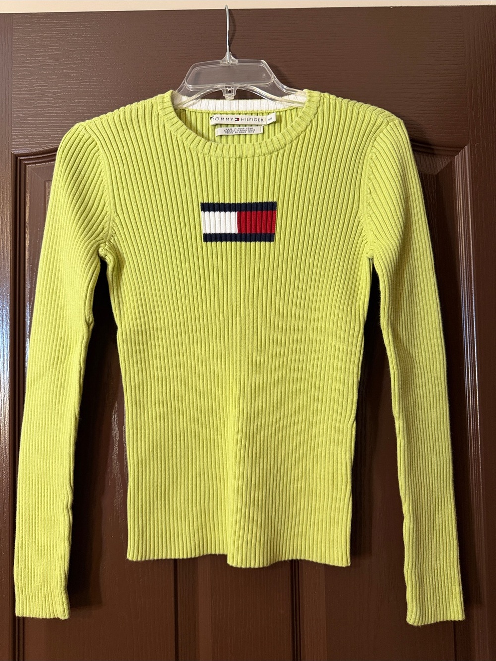 Tommy Hilfiger Lime Ribbed Long-Sleeve Top with Flag Logo